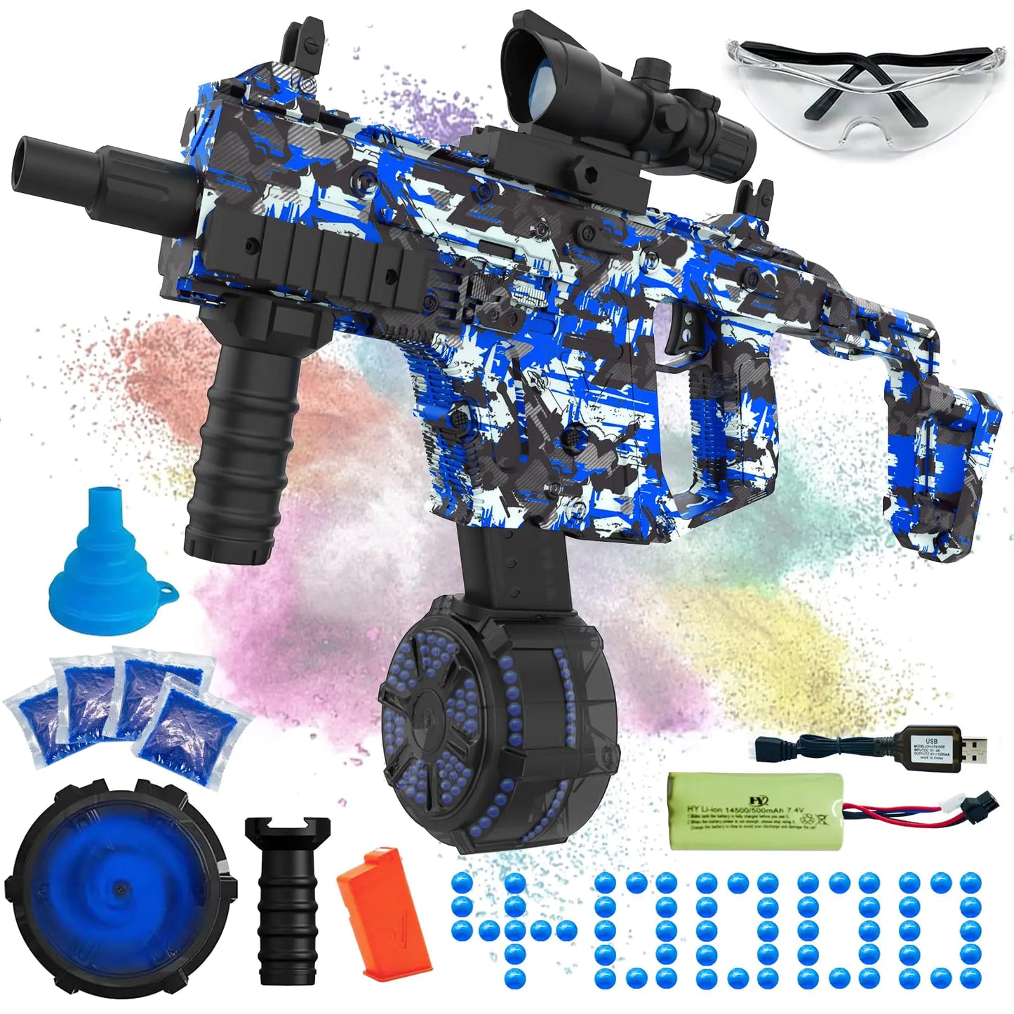 Electric Gel Ball Blaster High Speed Automatic Splatter Ball Blaster with 40000+ and Goggles Rechargeable Splatter Ball Toys for Outdoor Activities Shooting Game Party Favors-Blue